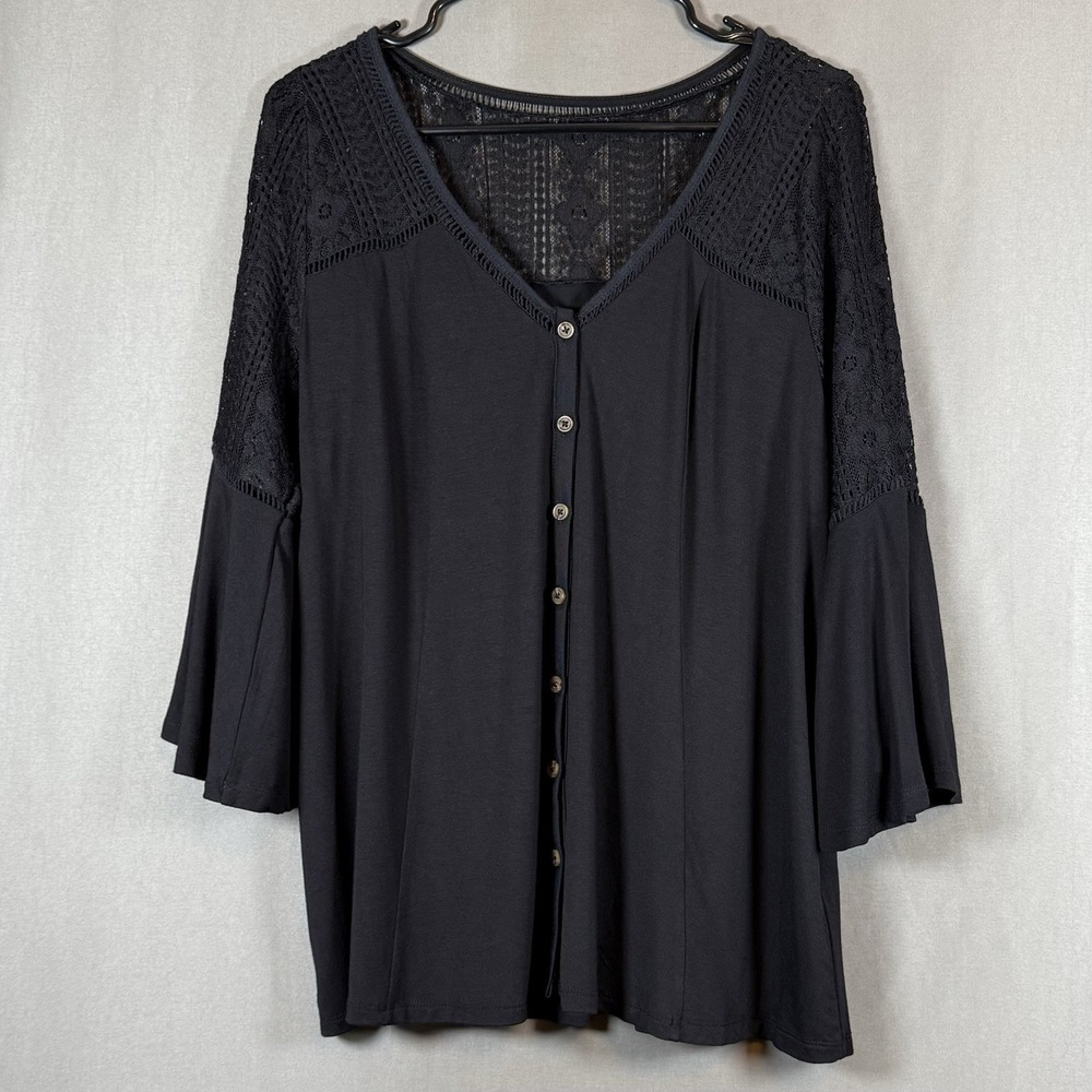 Torrid 3/4 Sleeve Button Up Knit Lace Top Black Witchy Whimsigoth Goth Large